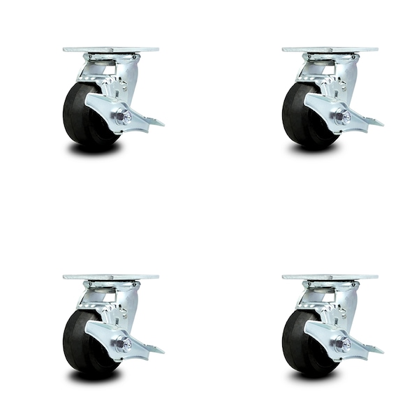 4 Inch Rubber on Steel Caster Set with Roller Bearings and Brake/Swivel Lock SCC